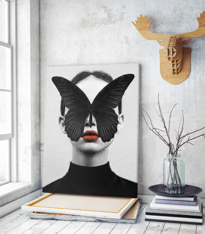 Πίνακας σε Καμβά : woman butterfly red lips