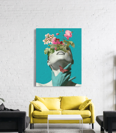 Πίνακας σε Καμβά : Minimal creative woman flowers cyan