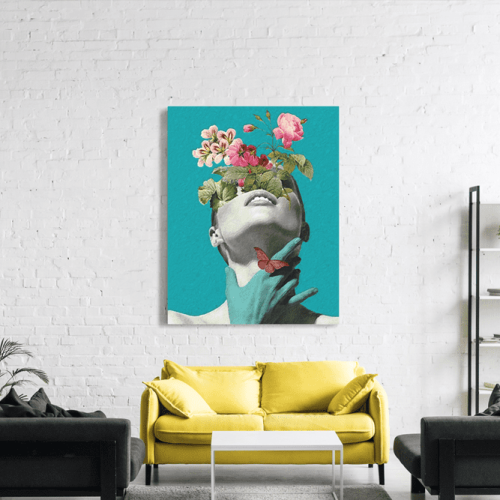 Πίνακας σε Καμβά : Minimal creative woman flowers cyan