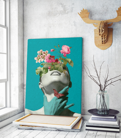 Πίνακας σε Καμβά : Minimal creative woman flowers cyan