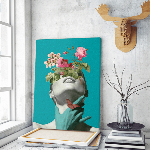 Πίνακας σε Καμβά : Minimal creative woman flowers cyan