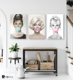 Σύνθεση Με Πίνακες Καμβάδες 60x40 - 3 Τεμάχια - marilyn monroe audrey hepburn Brigitte Bardot bubble gum