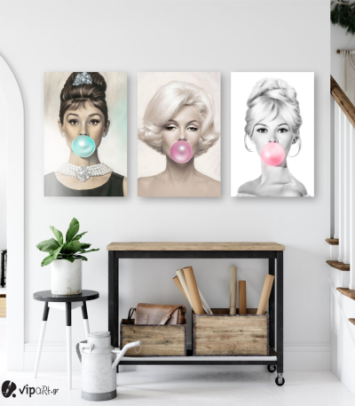 Σύνθεση Με Πίνακες Καμβάδες 60x40 - 3 Τεμάχια - marilyn monroe audrey hepburn Brigitte Bardot bubble gum