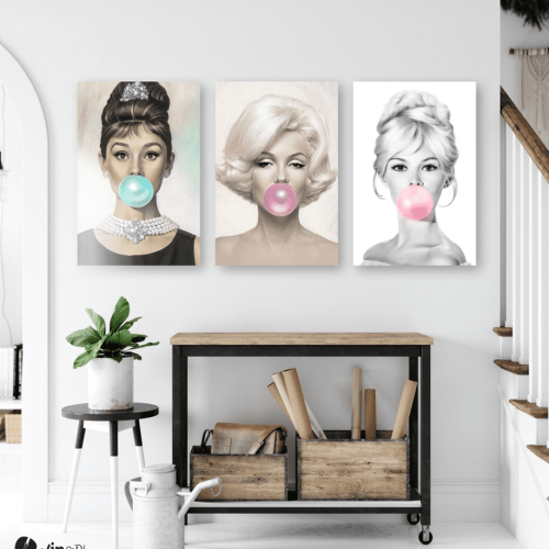 Σύνθεση Με Πίνακες Καμβάδες 60x40 - 3 Τεμάχια - marilyn monroe audrey hepburn Brigitte Bardot bubble gum