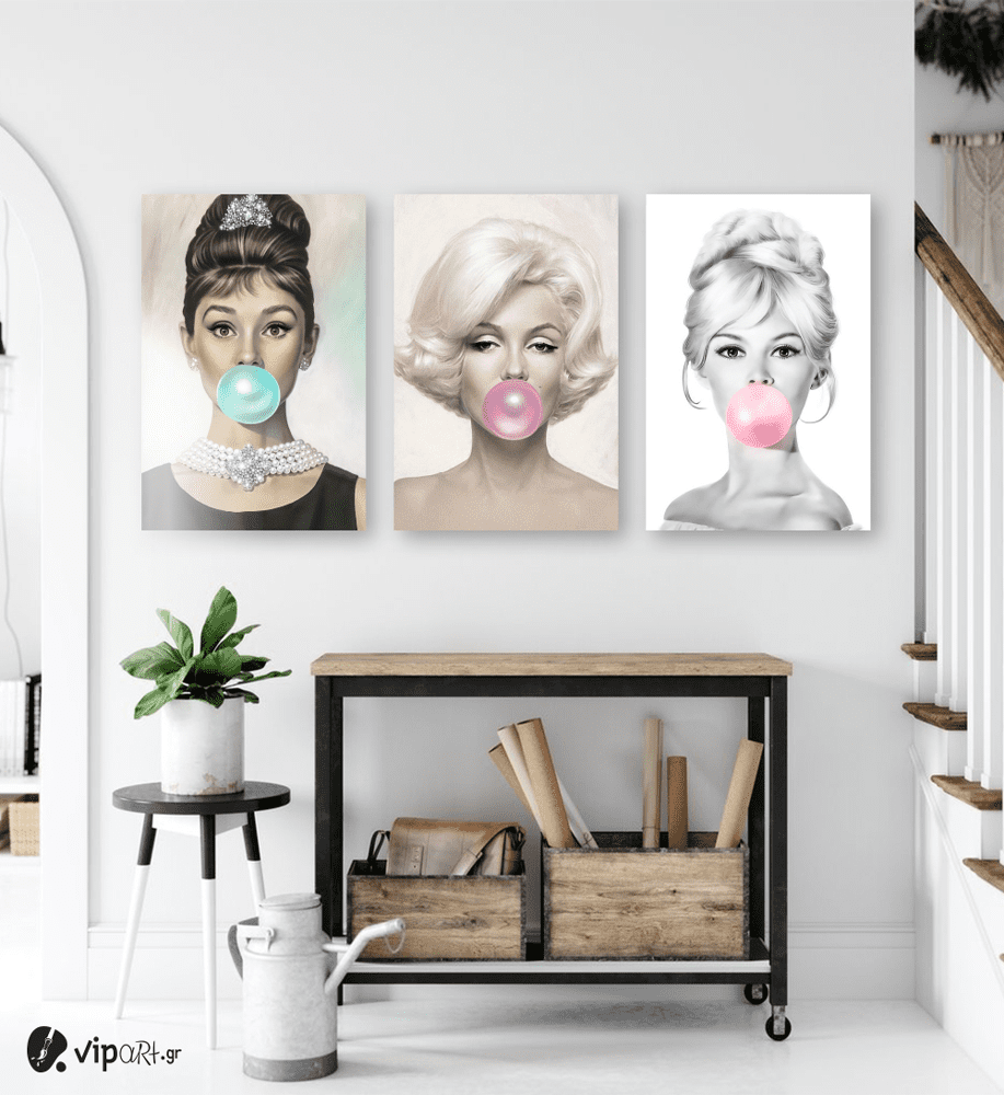 Σύνθεση Με Πίνακες Καμβάδες 60x40 - 3 Τεμάχια - marilyn monroe audrey hepburn Brigitte Bardot bubble gum