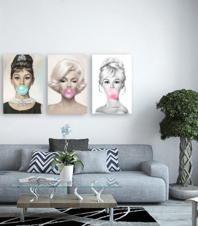 Σύνθεση Με Πίνακες Καμβάδες 60x40 - 3 Τεμάχια - marilyn monroe audrey hepburn Brigitte Bardot bubble gum