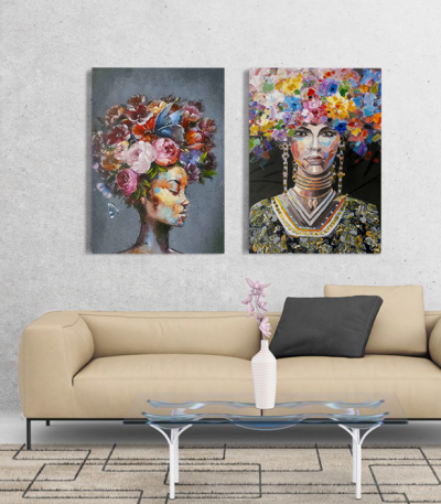 Σύνθεση με πίνακες Καμβάδες : Portrait Women colourful hair - 2 Τεμάχια 70x 50