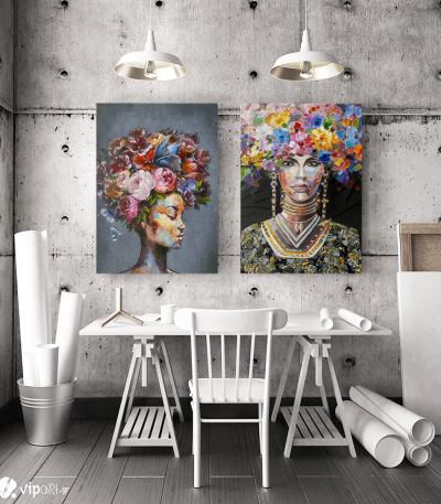 Σύνθεση με πίνακες Καμβάδες : Portrait Women colourful hair - 2 Τεμάχια 70x 50