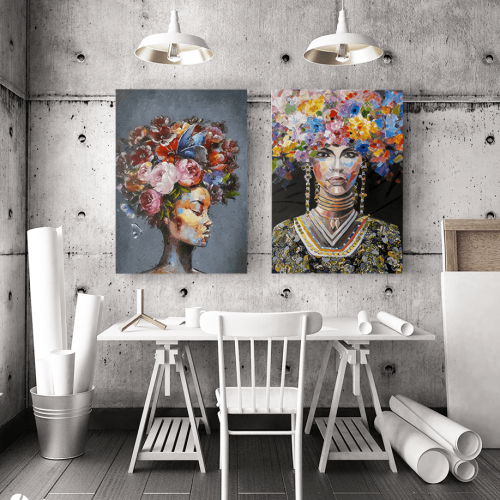 Σύνθεση με πίνακες Καμβάδες : Portrait Women colourful hair - 2 Τεμάχια 70x 50