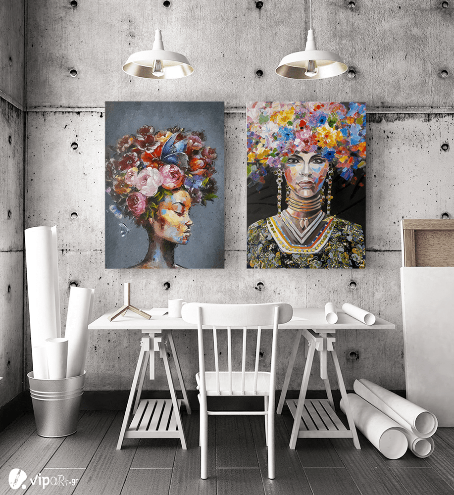 Σύνθεση με πίνακες Καμβάδες : Portrait Women colourful hair - 2 Τεμάχια 70x 50