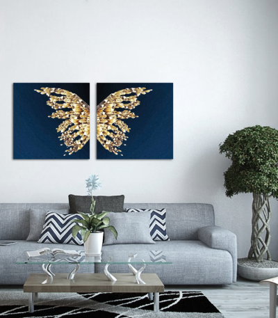 Σύνθεση Με Πίνακες Καμβάδες 60x60 - 2 Τεμάχια - blue and gold butterfly
