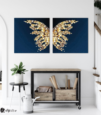 Σύνθεση Με Πίνακες Καμβάδες 60x60 - 2 Τεμάχια - blue and gold butterfly