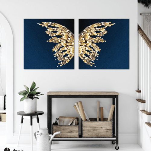 Σύνθεση Με Πίνακες Καμβάδες 60x60 - 2 Τεμάχια - blue and gold butterfly