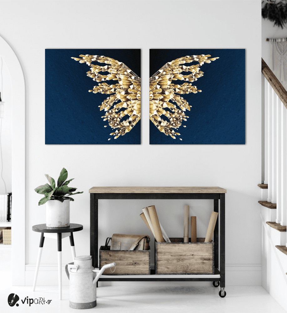 Σύνθεση Με Πίνακες Καμβάδες 60x60 - 2 Τεμάχια - blue and gold butterfly