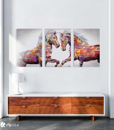 Σύνθεση Με Πίνακες Καμβάδες 70x50 - 3 Τεμάχια - colourful art horses