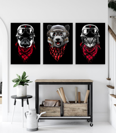 Σύνθεση Με Πίνακες Καμβάδες 70x50 - 3 Τεμάχια - Animals Adventure Red Scarf
