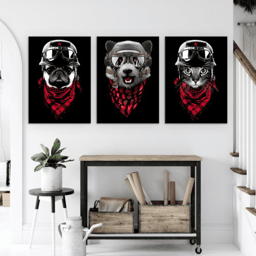 Σύνθεση Με Πίνακες Καμβάδες 70x50 - 3 Τεμάχια - Animals Adventure Red Scarf