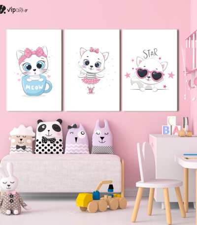 Σύνθεση Με Πίνακες Καμβάδες 60x40 - 3 Τεμάχια - Little Cute Kitty