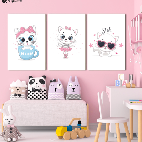 Σύνθεση Με Πίνακες Καμβάδες 60x40 - 3 Τεμάχια - Little Cute Kitty