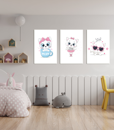 Σύνθεση Με Πίνακες Καμβάδες 60x40 - 3 Τεμάχια - Little Cute Kitty