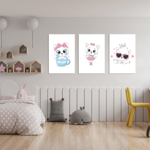 Σύνθεση Με Πίνακες Καμβάδες 60x40 - 3 Τεμάχια - Little Cute Kitty