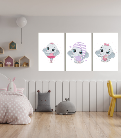 Σύνθεση Με Πίνακες Καμβάδες 60x40 - 3 Τεμάχια - Little Cute Elephant
