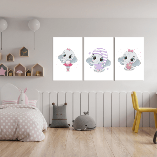 Σύνθεση Με Πίνακες Καμβάδες 60x40 - 3 Τεμάχια - Little Cute Elephant