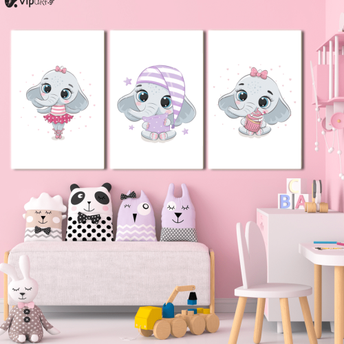 Σύνθεση Με Πίνακες Καμβάδες 60x40 - 3 Τεμάχια - Little Cute Elephant
