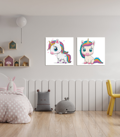 Σύνθεση Με Πίνακες Καμβάδες 60x60 - 2 Τεμάχια - Little Cute Unicorn