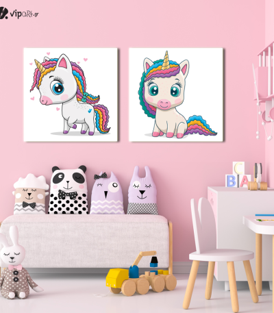 Σύνθεση Με Πίνακες Καμβάδες 60x60 - 2 Τεμάχια - Little Cute Unicorn