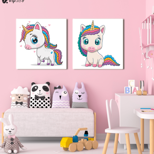Σύνθεση Με Πίνακες Καμβάδες 60x60 - 2 Τεμάχια - Little Cute Unicorn