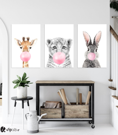 Σύνθεση Με Πίνακες Καμβάδες 60x40 - 3 Τεμάχια - Blowing Bubbles Animals