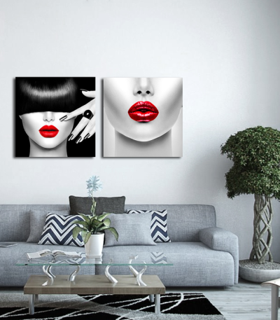 Σύνθεση Με Πίνακες Καμβάδες 60x60 - 2 Τεμάχια - Beauty Red Lips portrait