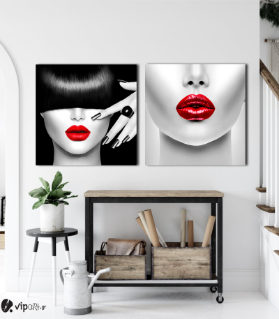 Σύνθεση Με Πίνακες Καμβάδες 60x60 - 2 Τεμάχια - Beauty Red Lips portrait