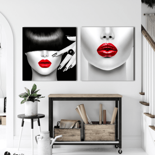 Σύνθεση Με Πίνακες Καμβάδες 60x60 - 2 Τεμάχια - Beauty Red Lips portrait