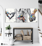 Σύνθεση Με Πίνακες Καμβάδες 70x50 - 3 Τεμάχια - Street Graffiti Art Heart Kiss Hand