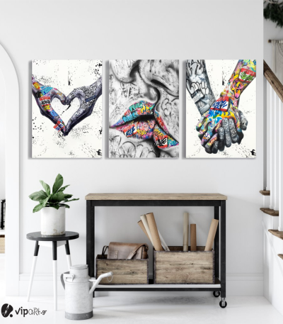 Σύνθεση Με Πίνακες Καμβάδες 70x50 - 3 Τεμάχια - Street Graffiti Art Heart Kiss Hand