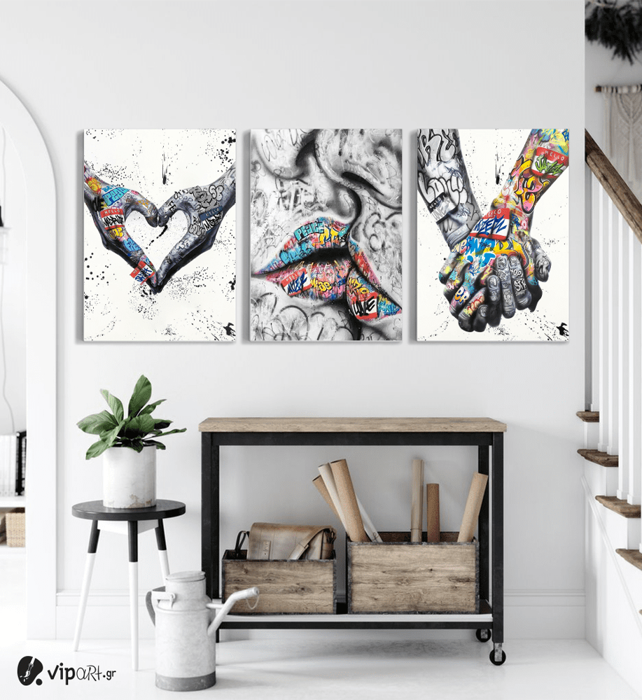 Σύνθεση Με Πίνακες Καμβάδες 70x50 - 3 Τεμάχια - Street Graffiti Art Heart Kiss Hand