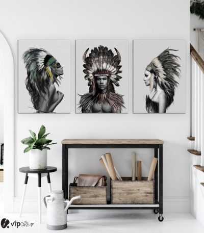 Σύνθεση Με Πίνακες Καμβάδες 70x50 - 3 Τεμάχια - Indians Woman And Man Nordic Style