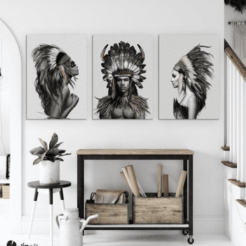 Σύνθεση Με Πίνακες Καμβάδες 70x50 - 3 Τεμάχια - Indians Woman And Man Nordic Style