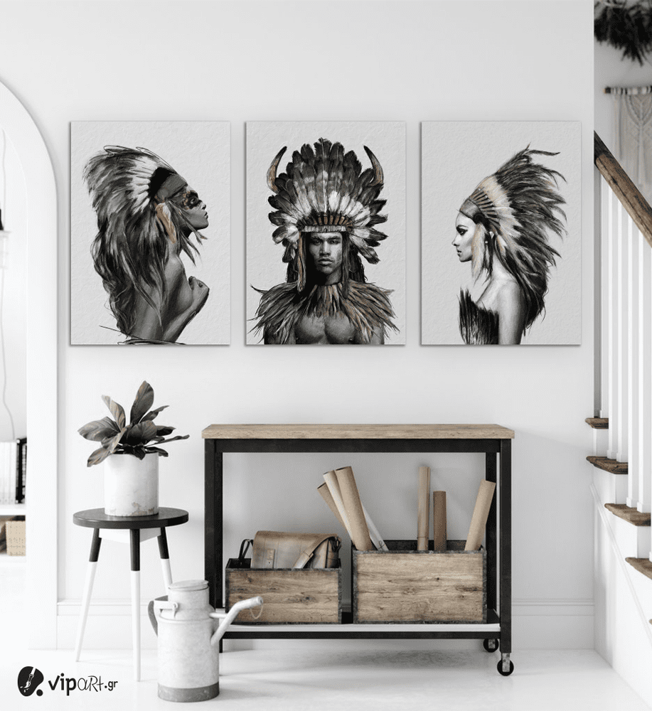 Σύνθεση Με Πίνακες Καμβάδες 70x50 - 3 Τεμάχια - Indians Woman And Man Nordic Style