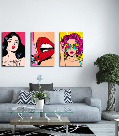 Σύνθεση Με Πίνακες Καμβάδες 60x40 - 3 Τεμάχια - Women in Pop Art Style