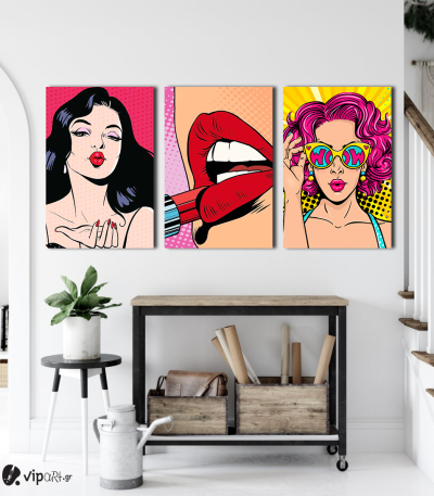 Σύνθεση Με Πίνακες Καμβάδες 60x40 - 3 Τεμάχια - Women in Pop Art Style