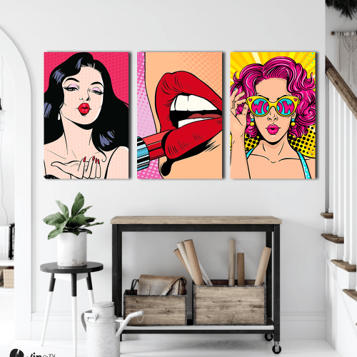 Σύνθεση Με Πίνακες Καμβάδες 60x40 - 3 Τεμάχια - Women in Pop Art Style