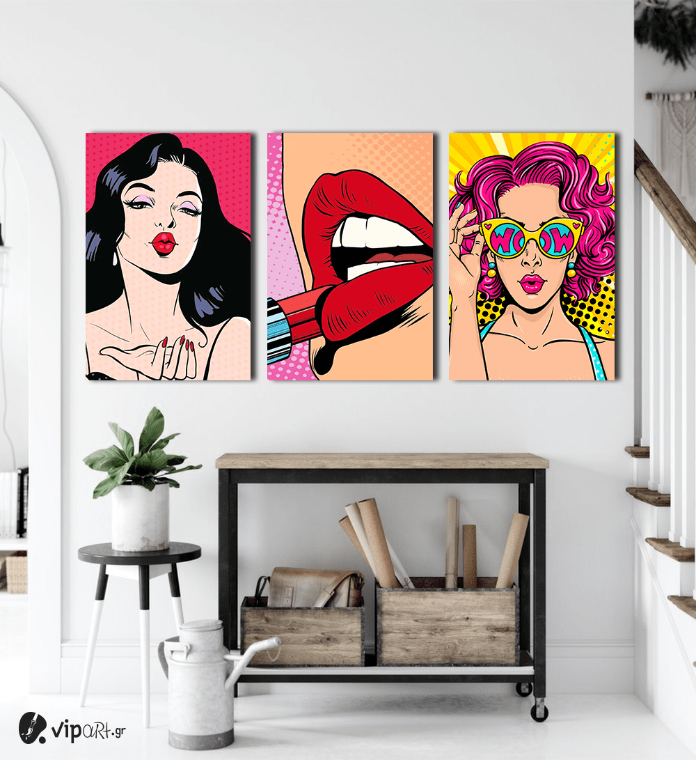 Σύνθεση Με Πίνακες Καμβάδες 60x40 - 3 Τεμάχια - Women in Pop Art Style