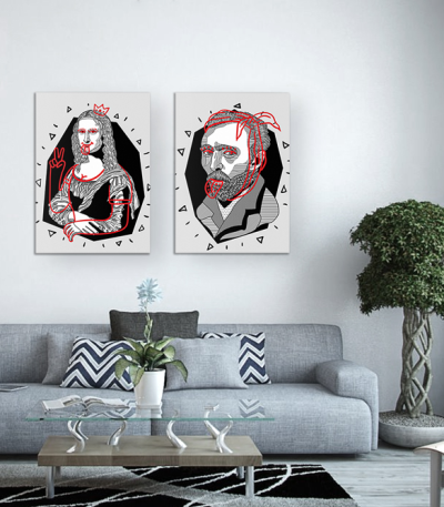 Σύνθεση με πίνακες Καμβάδες : Mona Lisa Van Gogh modern vector art - 2 Τεμάχια 70x50