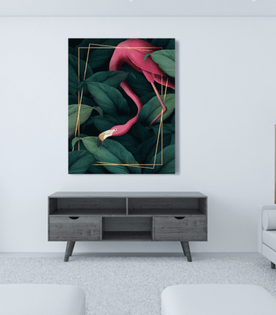 Πίνακας Καμβάς Pink flamingo- Gold frame