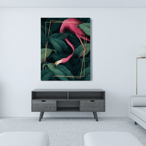 Πίνακας Καμβάς Pink flamingo- Gold frame