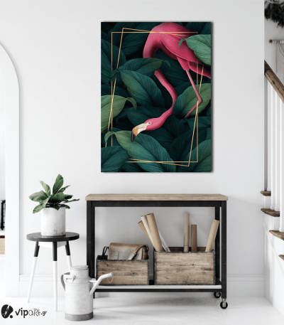 Πίνακας Καμβάς Pink flamingo- Gold frame