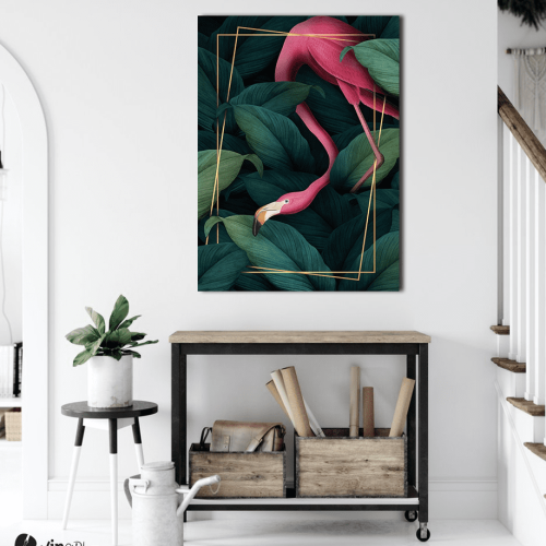 Πίνακας Καμβάς Pink flamingo- Gold frame